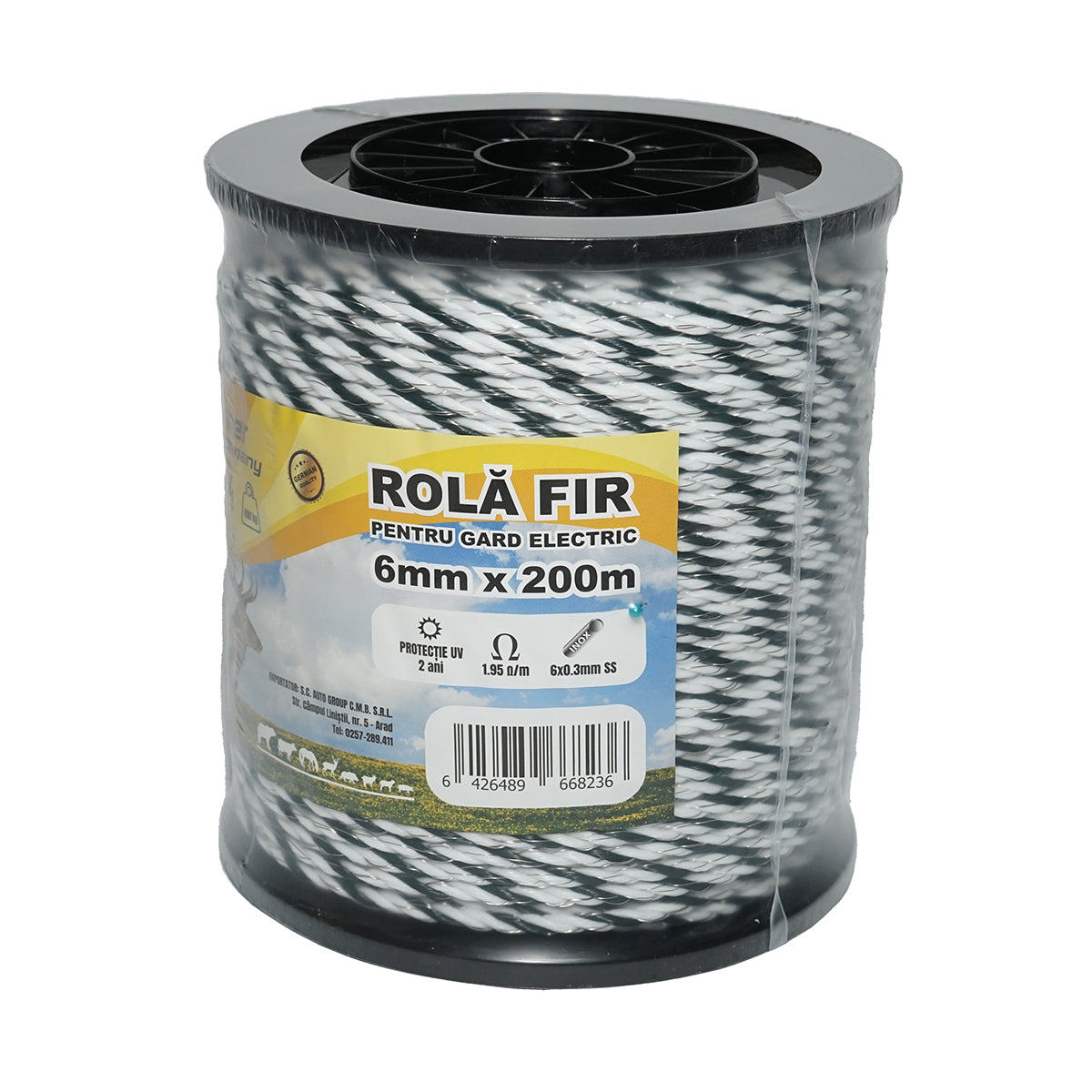 Tekercs fekete-fehér huzal fi 6mm, 6x0.3mm SS rozsdamentes, 1.95 Ohm/m 200m elektromos kerítés Breckner Germany
