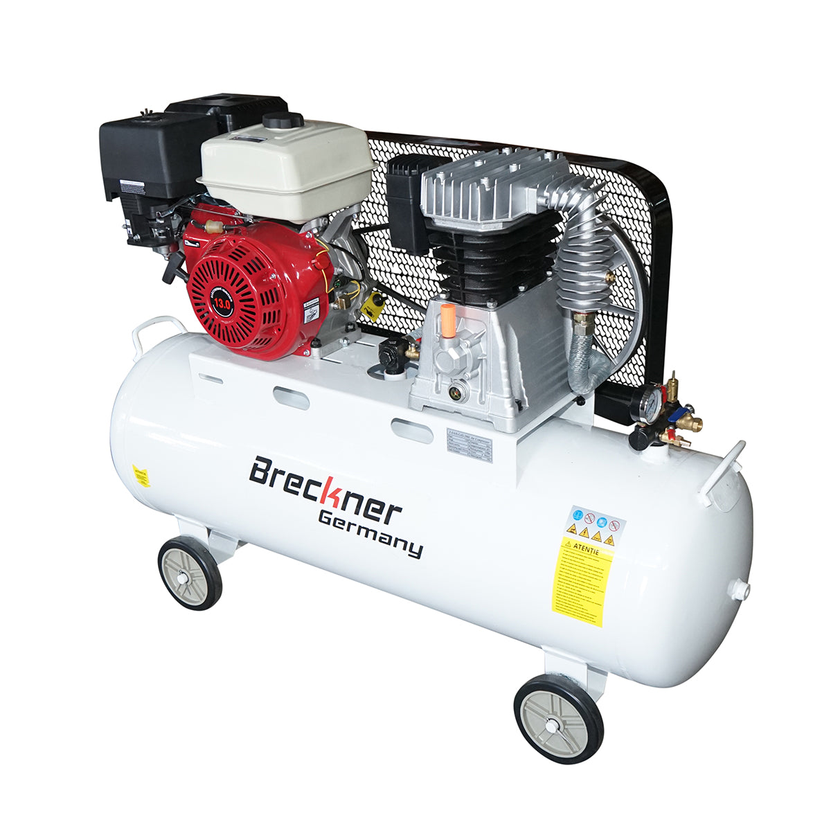 200 literes szíjhajtású légkompresszor, kompresszor 13 LE-s benzinmotor, maximális nyomás 8 bar, levegőbeömlési térfogat 600 l/perc Breckner Germany