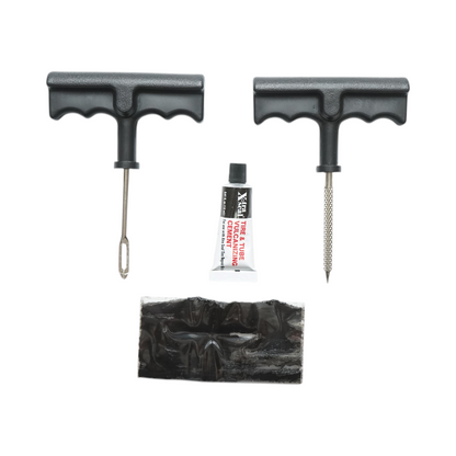 Tubeless gumitömítés hidegvulkanizálási készlet zsinórral, ragasztóval, tűszerű behelyezési eszközzel és 27-003 X-TRA SEAL fúróval