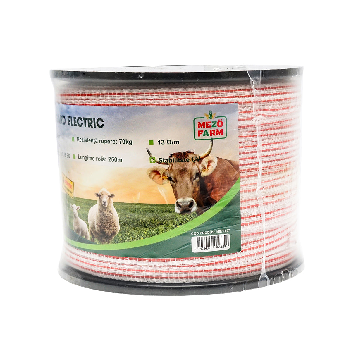 Piros-fehér 10mm piros-fehér szalag tekercs fém betét 4x0.16mm SS, ellenállás 13 Ohm/m, 250m elektromos kerítés Mezofarm