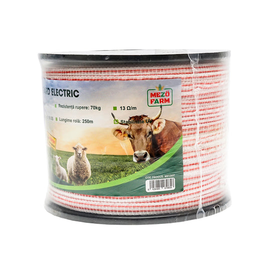Piros-fehér 10mm piros-fehér szalag tekercs fém betét 4x0.16mm SS, ellenállás 13 Ohm/m, 250m elektromos kerítés Mezofarm