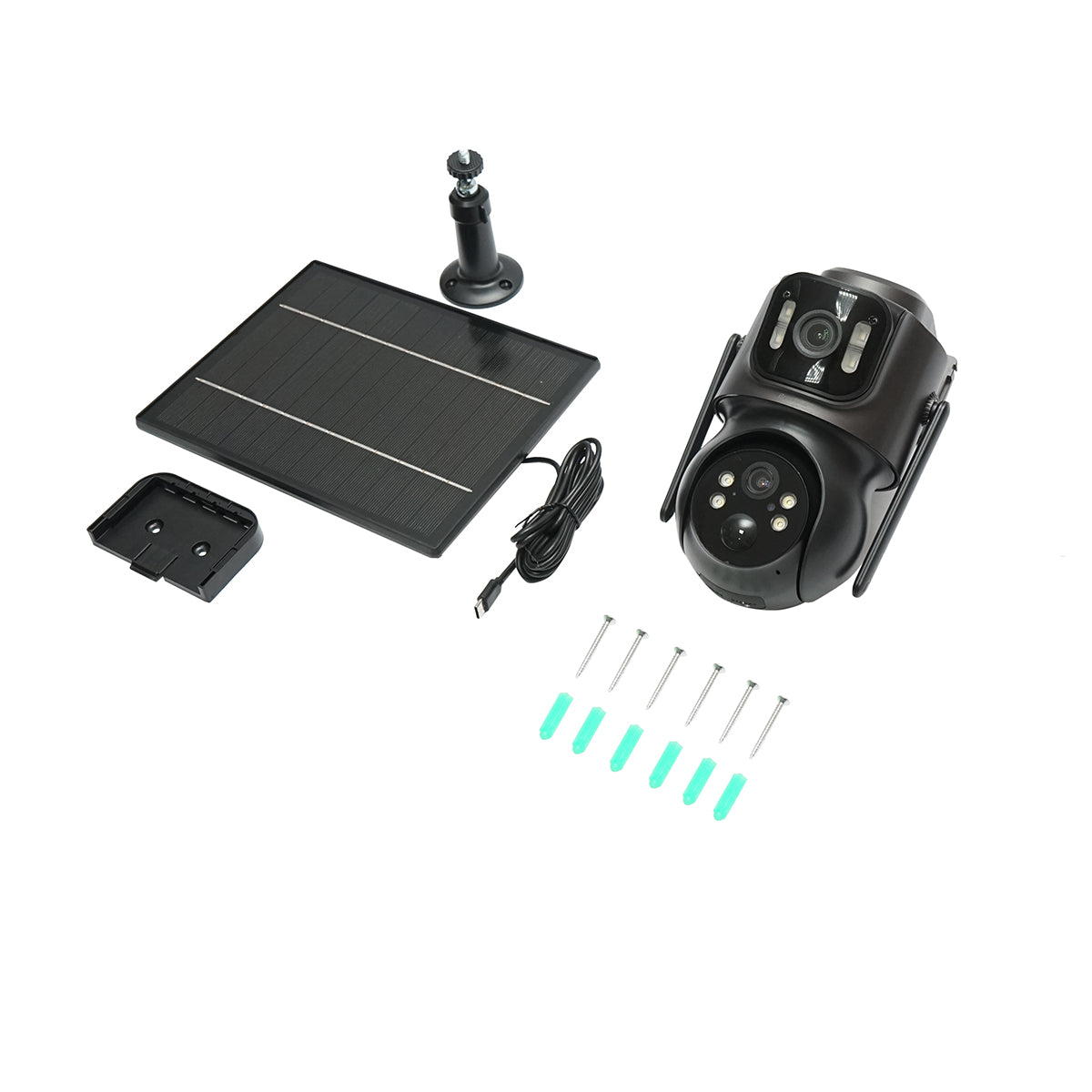 4 MP-es kettős objektíves megfigyelő kamera 7,6 W-os napelemmel, 18650-es gyorstöltő akkumulátorral, WIFI 2,4 GHz, 360 fokos PTZ PTZ 360 fokos PTZ mozgásérzékelővel, emberi PIR érzékeléssel, riasztással, éjjellátással és iCSee alkalmazással.