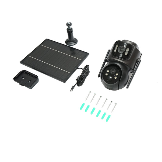 4 MP-es kettős objektíves megfigyelő kamera 7,6 W-os napelemmel, 18650-es gyorstöltő akkumulátorral, WIFI 2,4 GHz, 360 fokos PTZ PTZ 360 fokos PTZ mozgásérzékelővel, emberi PIR érzékeléssel, riasztással, éjjellátással és iCSee alkalmazással.