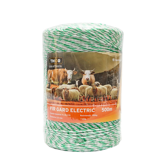 Fehér-zöld huzal tekercs 2.5mm fi 2.5mm fém betét 4x0.2mm SS, ellenállás 7 Ohm/m, 500m elektromos kerítés Thor