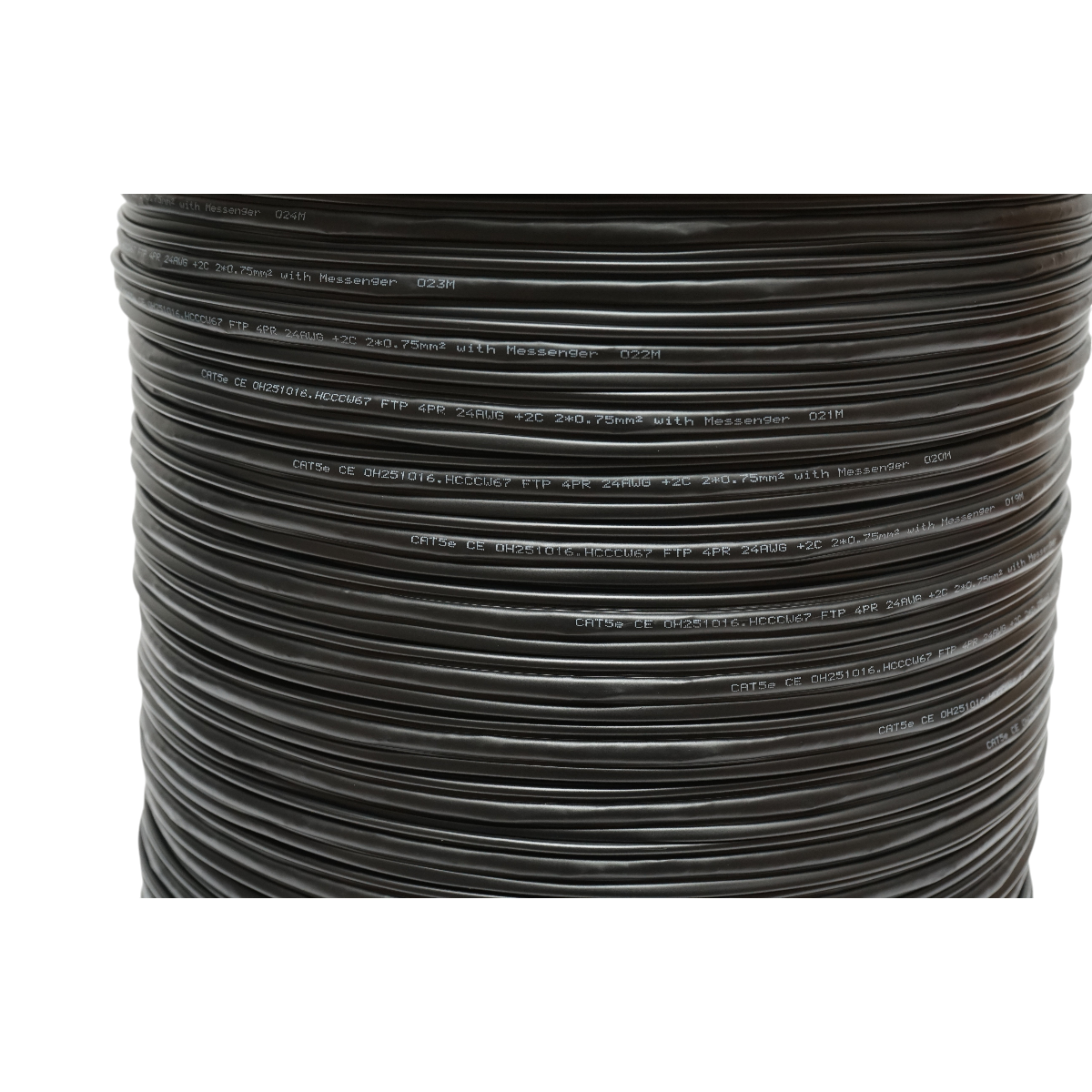 FTP CAT5e sziámi kábel 8x0.51 réz + 2x0.75mm CCA tápellátás messenger zsinórral 1.16mm külső önhordó 305m/tekercs