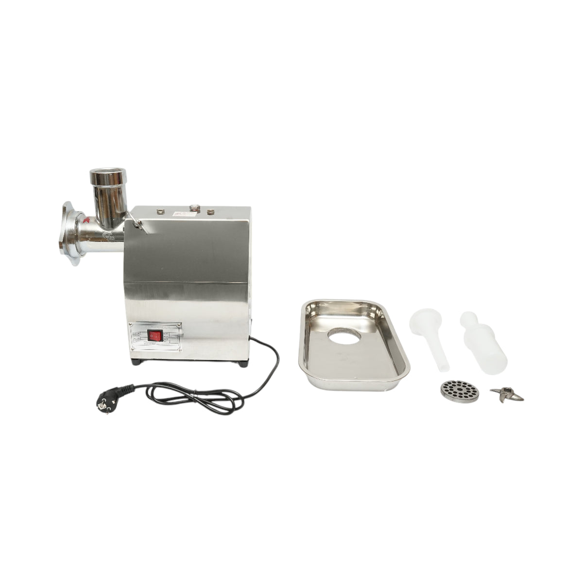 Elektromos húsdaráló rozsdamentes acél 850W, 220V, 150 kg/h kapacitás, kolbászadapter, 2 szita és 2 kés tartozékkal 380x210x415mm