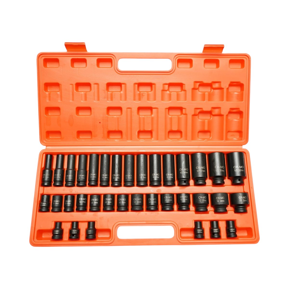 Breckner Germany ütközőkulcs készlet, Ütődugókulcs készlet 8-32mm és hosszú 10-32mm, 1/2 inch négyzet Cr-Mo 35 darab