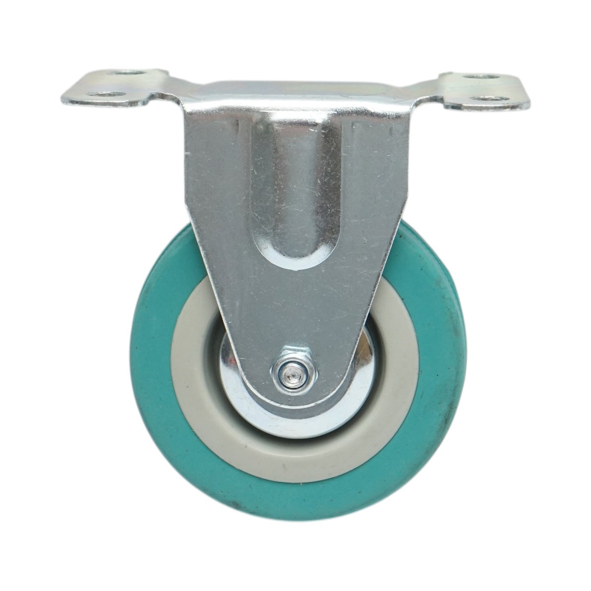 Rögzített kerék 75x21mm fék nélkül, kék tömör gumi, acél lemez 100x59mm 45kg
