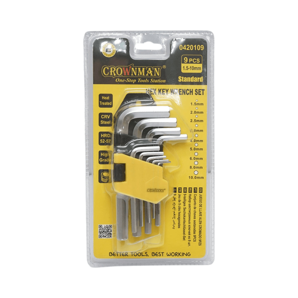 9 darabos hatszögletűn imbuszkulcs készlet 1,5-10 mm Cr-V Crownman