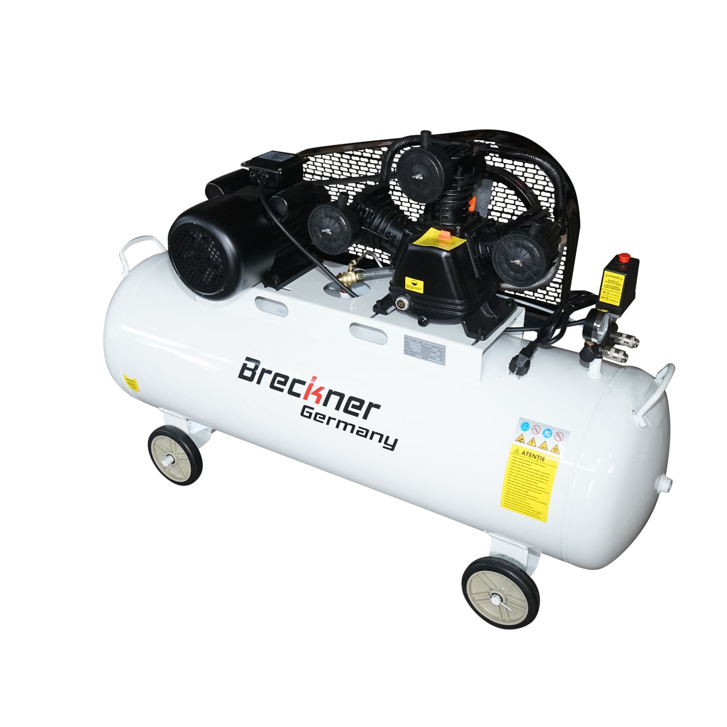 200 literes szíjhajtású légkompresszor, 3 hengeres 3 kW/4 LE motor, maximális nyomás 8 bar, levegőbeömlési térfogat 525 l/perc Breckner Germany