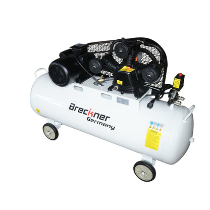 200 literes szíjhajtású légkompresszor, 3 hengeres 3 kW/4 LE motor, maximális nyomás 8 bar, levegőbeömlési térfogat 525 l/perc Breckner Germany