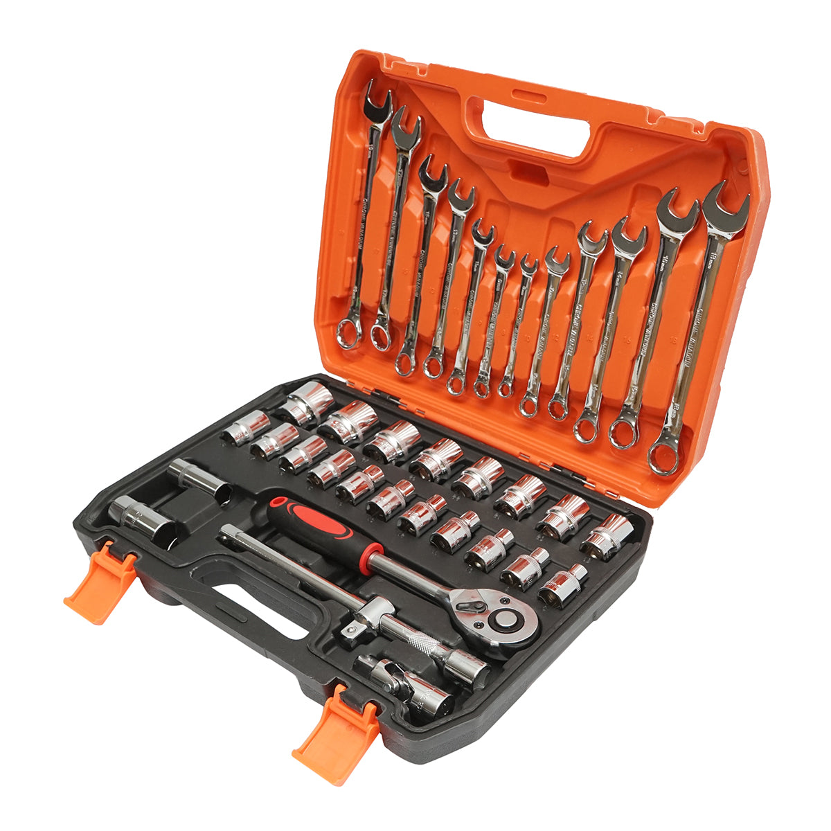 Breckner Germany 1/2 hajtómű gyorskioldású racsnis kulccsal, 8-32mm csőkulcsok és 8-19mm kombinált fix kulcsok, 37 részes készlet