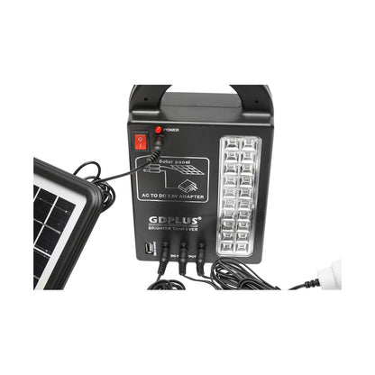 Hordozható LED világító készlet 3 izzóval / projektorral, napelemmel és 6V, 3Ah akkumulátorral halászathoz, kempingezéshez GD-17