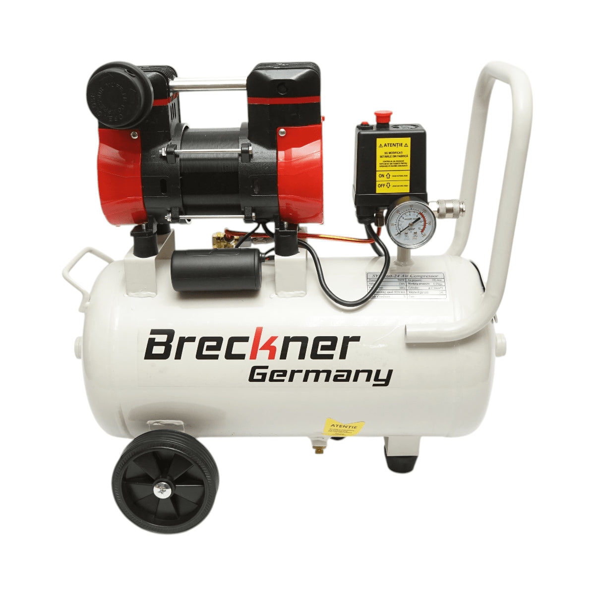 24 literes légkompresszor, 2 hengeres 1 kW/1,3 LE motor, maximális nyomás 8 bar, levegőbeömlési térfogat 130 l/perc Breckner Germany