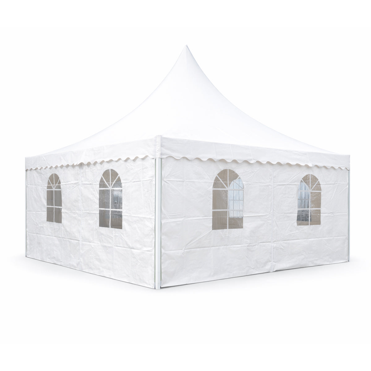 Pagoda típusú eseménysátor pavilon 5x5m, fehér UV-álló vízálló, PVC 750g/m2 tetőzet, acél-alumínium keret 48x48x2.5mm