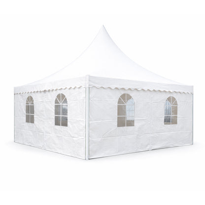 Pagoda típusú eseménysátor pavilon 5x5m, fehér UV-álló vízálló, PVC 750g/m2 tetőzet, acél-alumínium keret 48x48x2.5mm