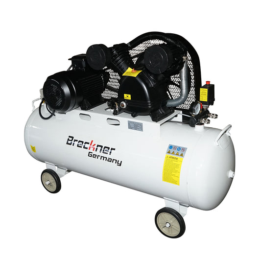 200 literes szíjhajtású légkompresszor, 2 hengeres V-típusú motor 5 LE, 4 kW/380 V, maximális nyomás 8 bar, levegőbeömlési térfogat 650 l/perc Breckner Germany