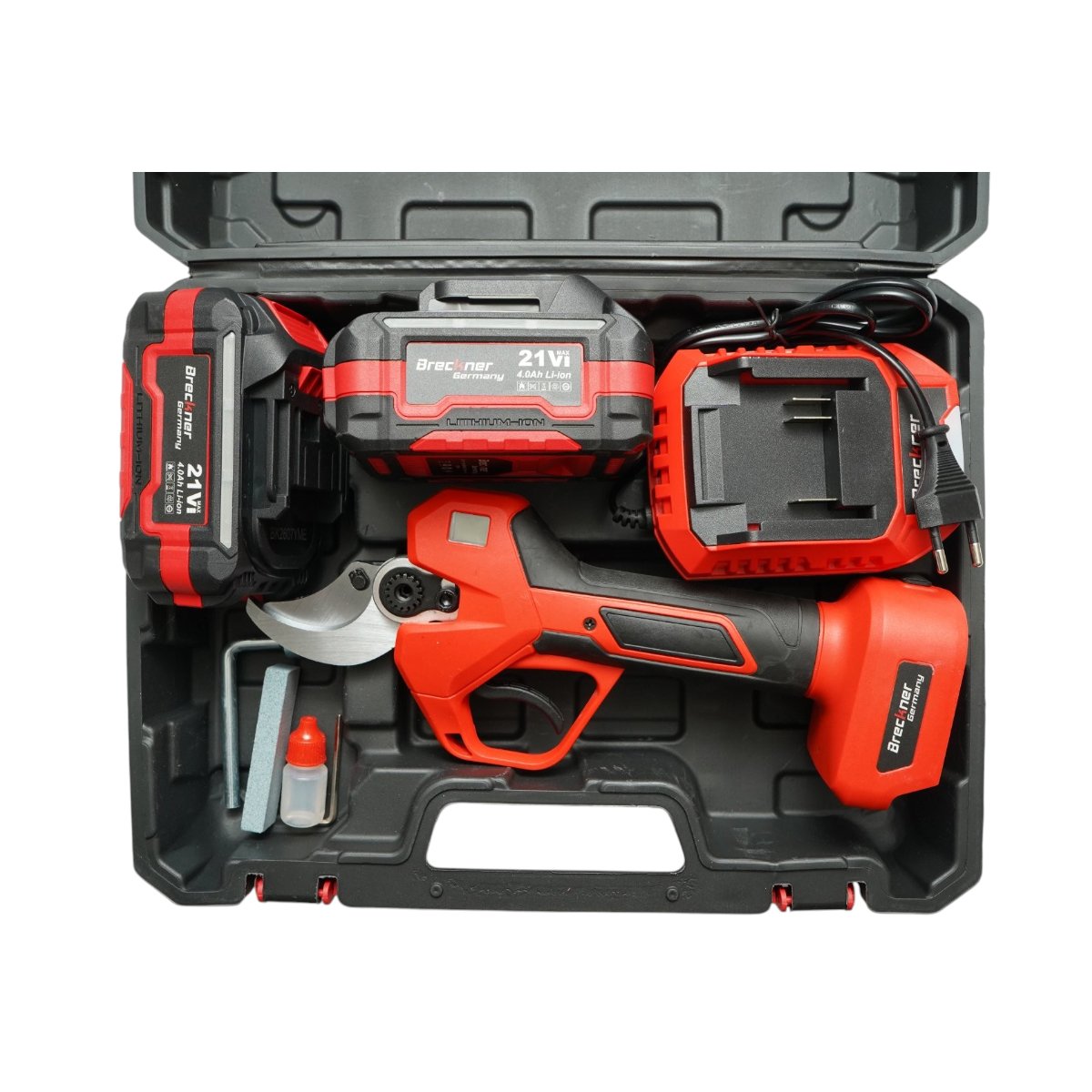 Elektromos metszőolló , kertészeti olló 500W 2 db 21V, 4Ah Li-Ion akkumulátorral, Brushless, digitális kijelző, max vágási átmérő 40mm Breckner Germany