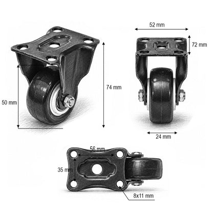 Rögzített kerék 50x24mm fék nélkül, fekete PVC, acél lemez 72x52mm 40kg