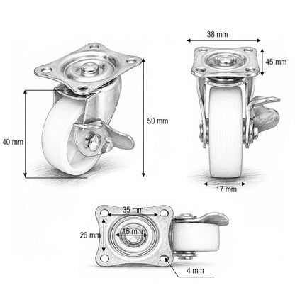 Forgó kerék 40x17mm fékezéssel, fehér polipropilén, acél lemez 45x38mm 20kg