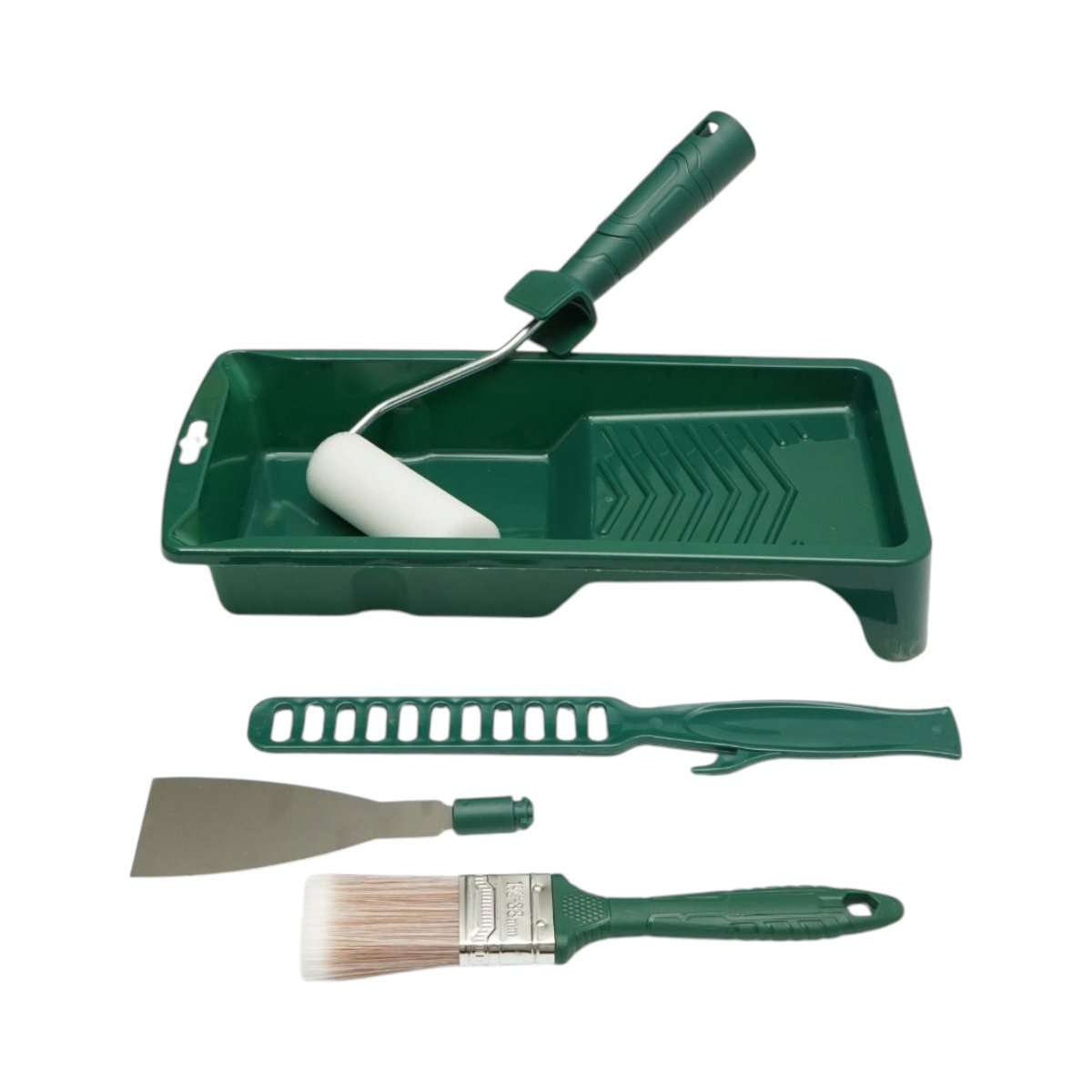 Festés és tapétázás szett 10cm-es sablon, 2 gyapjú henger, 2 szivacs henger, 38mm ecset, spatula, kézi keverő, festéktálca, 10 darabos tartalék tálca Breckner Germany