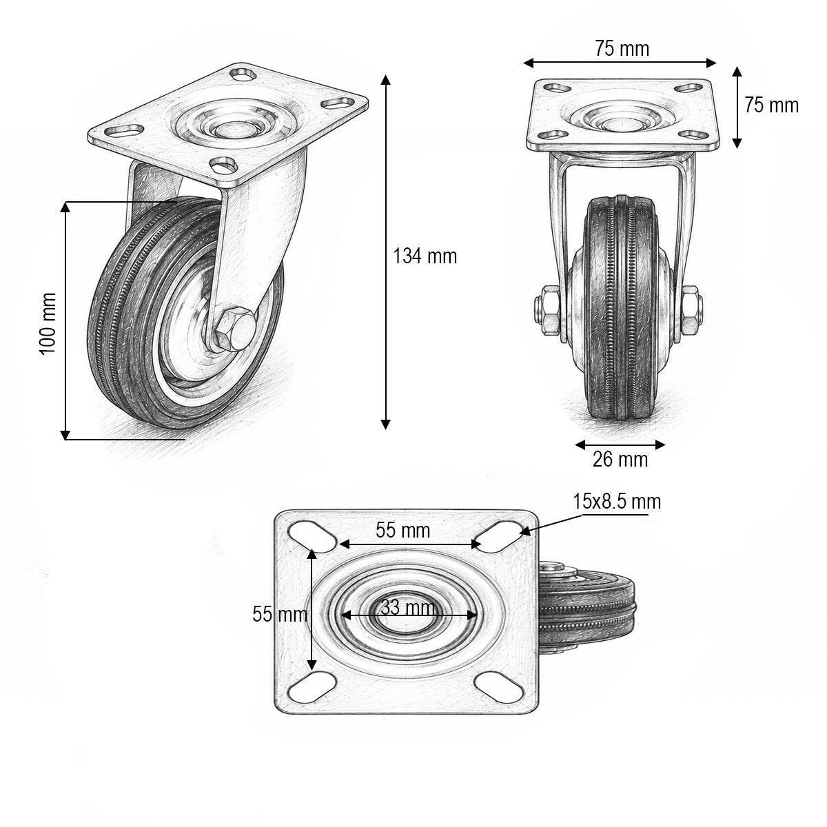 Forgó kerék 100x26mm fék nélkül, kék tömör gumi, 75x75mm acél lemez 55kg