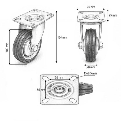 Forgó kerék 100x26mm fék nélkül, kék tömör gumi, 75x75mm acél lemez 55kg