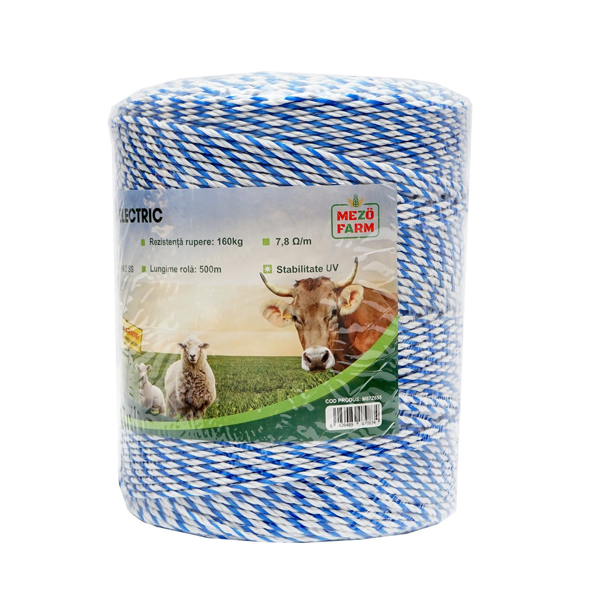 Fehér-kék drót 3mm fém betét 3x0.2mm SS, ellenállás 7.8 Ohm/m, 500m elektromos kerítés Mezofarm