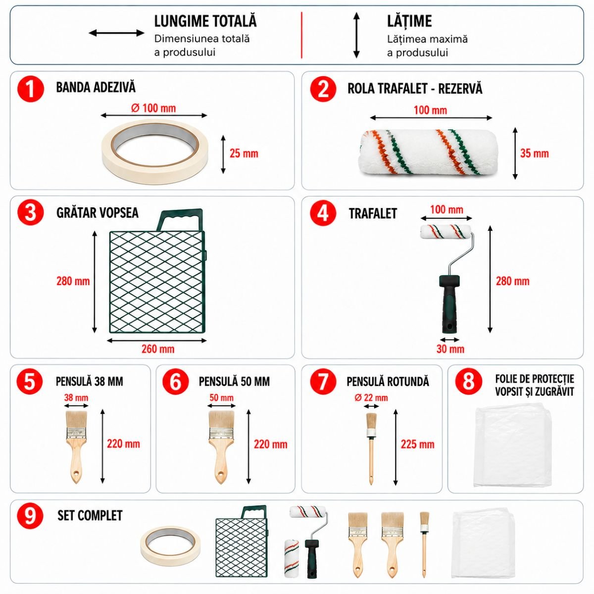 Festés és meszelés szett szablonnal 10cm, 2 henger, 3 ecset, rács, maszkolószalag, védőfólia 9 darab Breckner Germany