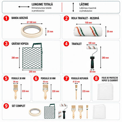 Festés és meszelés szett szablonnal 10cm, 2 henger, 3 ecset, rács, maszkolószalag, védőfólia 9 darab Breckner Germany