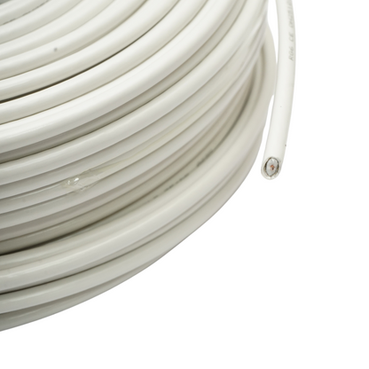 RG6 CCS koaxiális kábel 1.02mm, 75 Ohm, FPE hab Al/PET fólia árnyékolás 32x0.12mm sodronnyal, fehér PVC 100m/tekercs