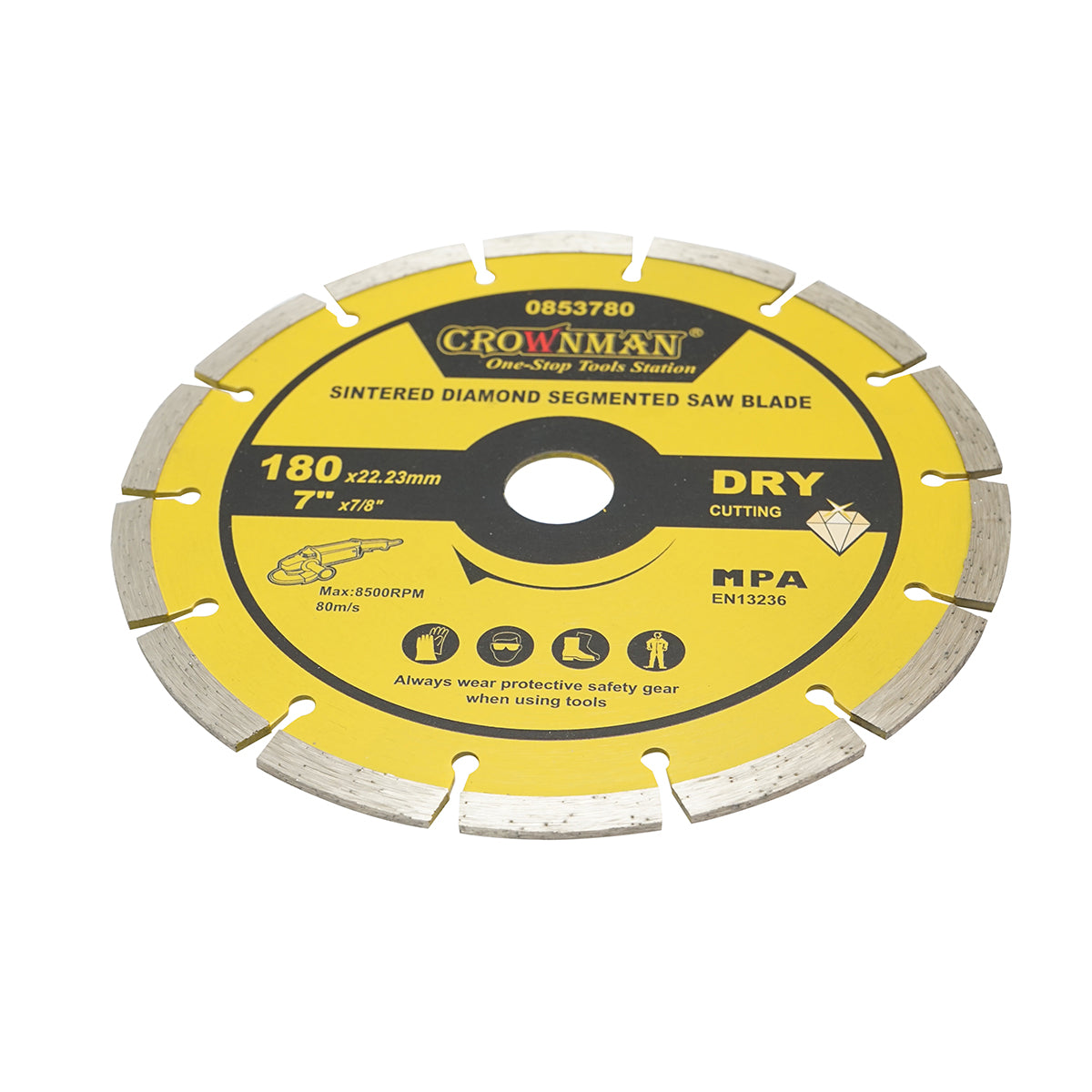 Gyémánt szegmentált tárcsa 180x22.23mm, max. sebesség 8500rpm, száraz vágás betonhoz, kőhöz, gránithoz, márványhoz Crownman