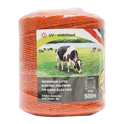 Narancssárga drót orsó fi 2,5 mm 3x0,15 mm SS, 7,4 Ohm/m, 500m elektromos kerítés Breckner Germany