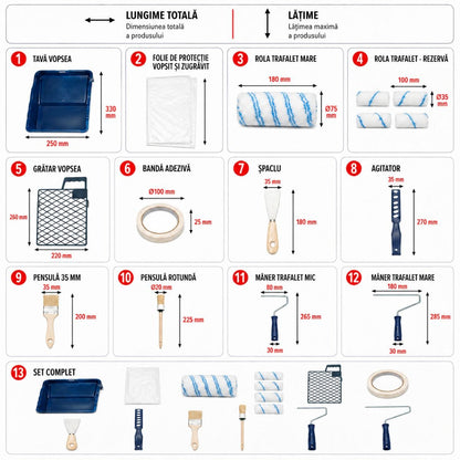 Festés és meszelés szett poliészter ecsetekkel 10cm, 18cm, 2 ecset, spatula, keverő, festéktálca, rács, védőfólia, maszkolószalag 15 részes Breckner Germany