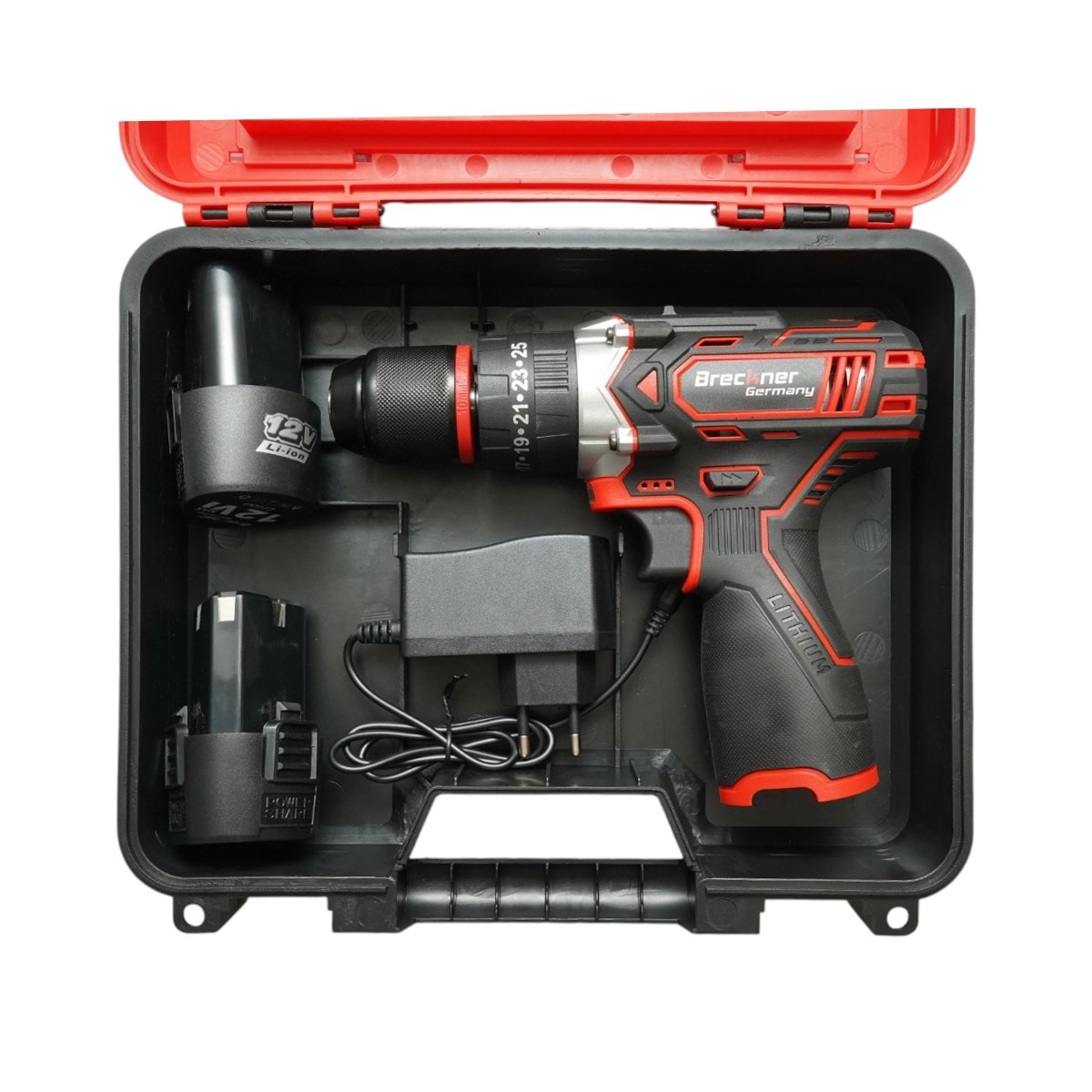 Ütvefúró-csavarbehajtó, 2 akkumulátor 12V, 1.5Ah Li-ion, LED, 25Nm, 10mm tokmány, 0-400/1500rpm Breckner Germany