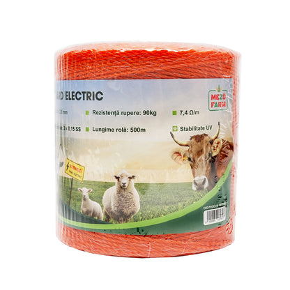 Narancssárga huzal tekercs, 2,5 mm-es menet, fém betét 3x0,15 mm SS, ellenállás 7,4 Ohm/m, 500 m elektromos kerítés Mezofarm