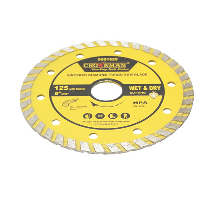 125x22,23mm turbó szinterezett gyémántkorong, max. fordulatszám 12200rpm, nedves/száraz vágás kő, csempe, kerámia, márvány Crownman