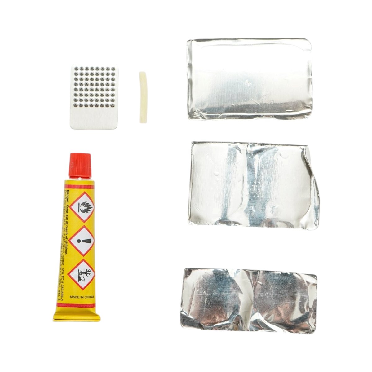 5 darabos gumifolt szett, defekt javító,kerékpár, motorkerékpár, talicska, tuk-tuk kamera javításához 24x35mm, 25mm, 32x50mm + 1 db 8ml ragasztó