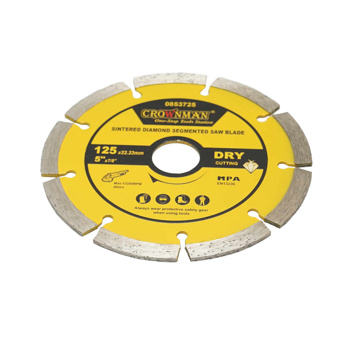 Gyémánt szegmentált tárcsa 125x22.23mm, max. fordulatszám 12200rpm, száraz vágás betonhoz, kőhöz, gránithoz, márványhoz Crownman