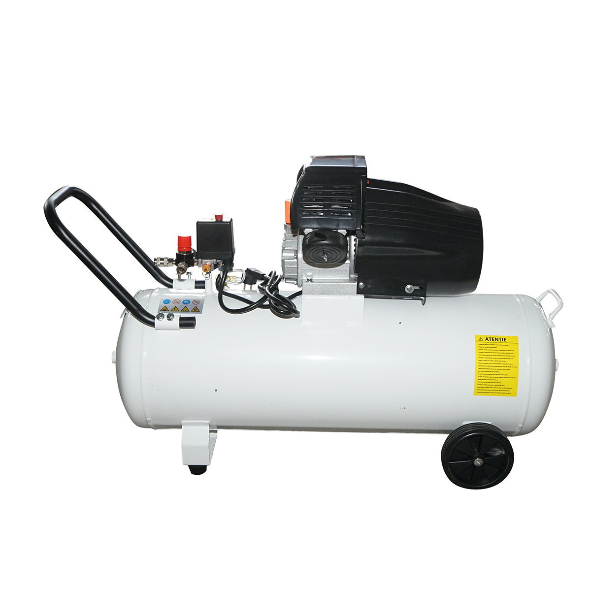 100 literes légkompresszor, 1,5 kW/2 LE V-twin motor, maximális nyomás 8 bar, levegőbeömlési térfogat 360 l/perc Breckner Germany