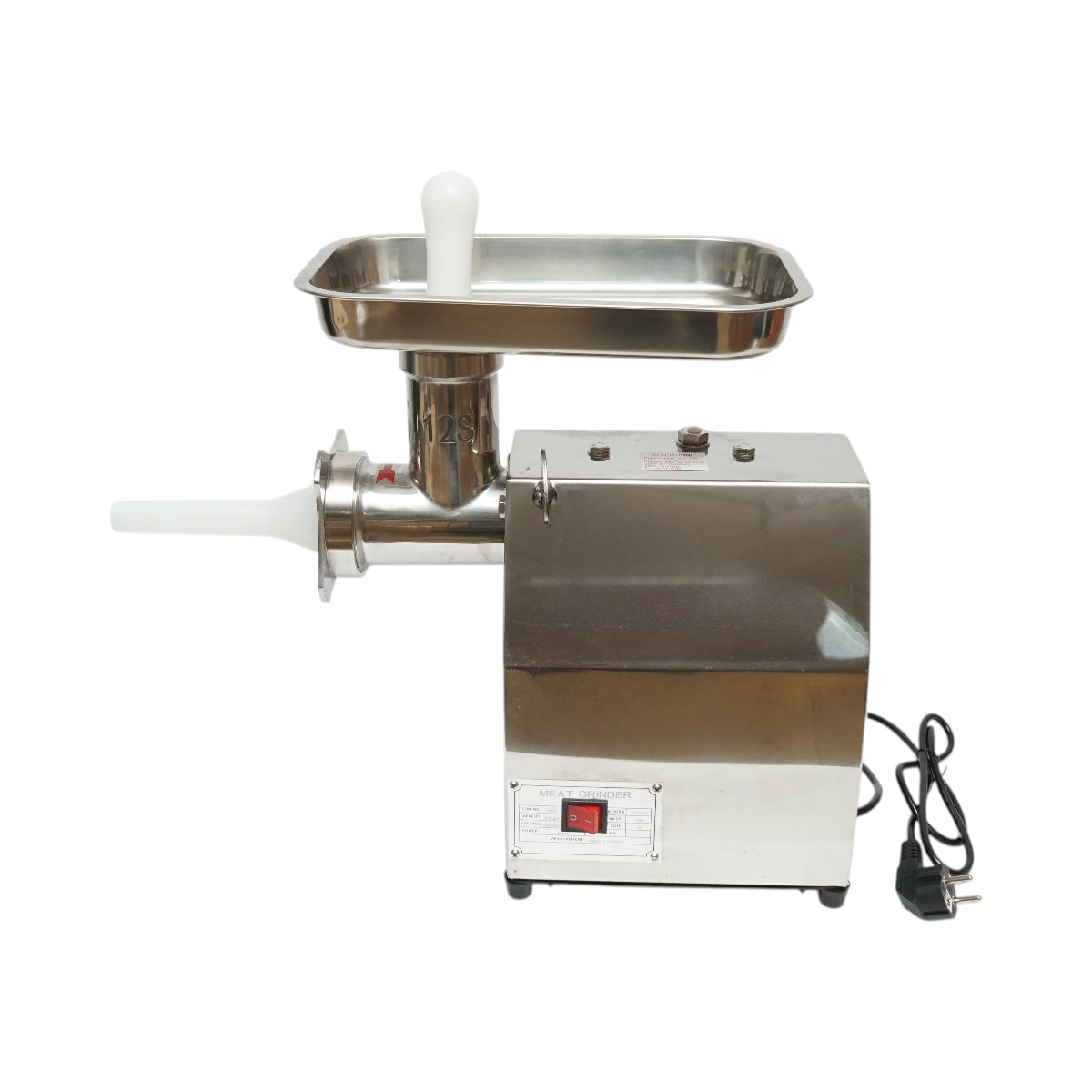 Elektromos húsdaráló rozsdamentes acél 1600W, 220V, 150 kg/h kapacitás, kolbászadapter, 1 szita és 1 kés mellékelve 380x210x415mm