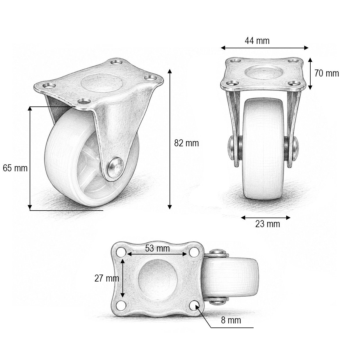 Rögzített kerék 65x23mm fék nélkül, fehér polipropilén, acél lemez 70x44mm 35kg