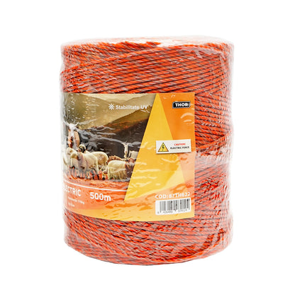 Narancssárga-barna drót orsó 3mm fém betét 5x0.2mm SS, ellenállás 4.5 Ohm/m, 500m elektromos kerítés Thor
