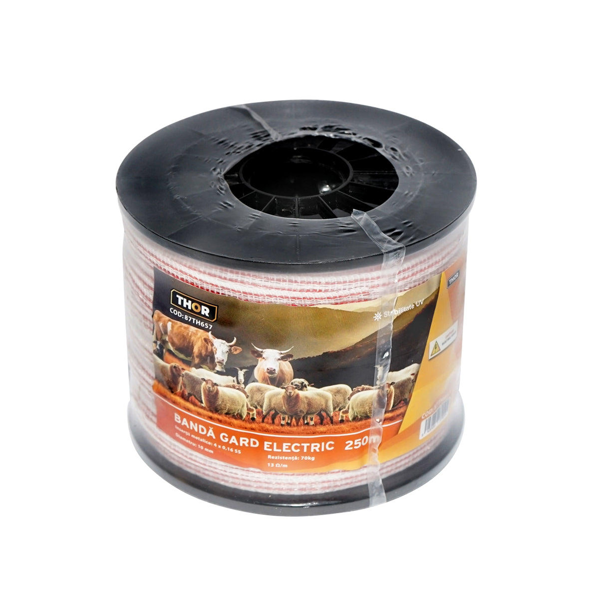 Piros-fehér 10mm fém betét 4x0.16mm SS, ellenállás 13 Ohm/m, 250m elektromos kerítés Thor