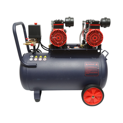50L olajmentes légkompresszor, csendes, 2 motor 4 hengeres 1.5KW/2CP, maximális nyomás 8 bar, szívólevegő térfogat 170L/min