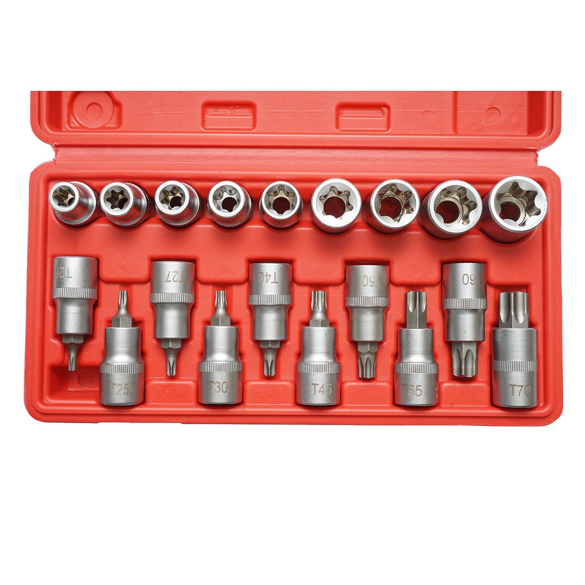 E-Torx E10-E24 E-Torx E10-E24 csőkulcskészlet, T20-T70 torx bitek, négyzet alakú 1/2 hüvelyk 19 db.