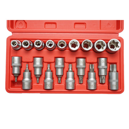 E-Torx E10-E24 E-Torx E10-E24 csőkulcskészlet, T20-T70 torx bitek, négyzet alakú 1/2 hüvelyk 19 db.