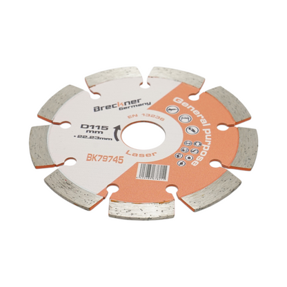 Gyémánt szegmentált tárcsa 115x22.23mm, szegmens 10mm téglához, betonhoz, falazathoz, falazathoz, csavarokhoz, kőhöz Breckner Germany