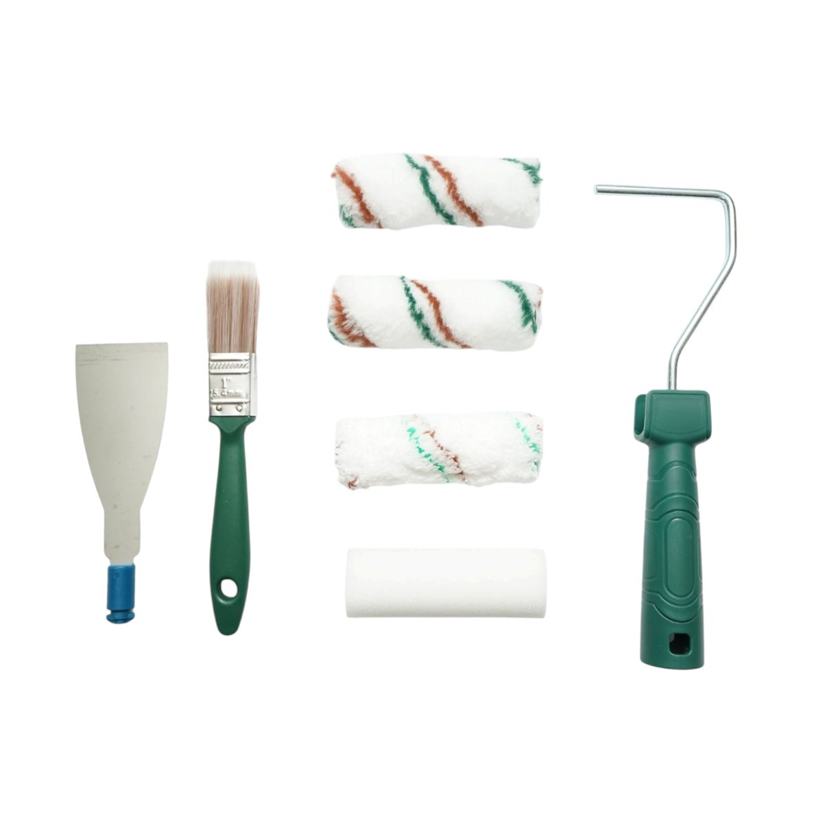 Festés és meszelés szett 10cm-es sablonnal, 2 poliészter henger, 1 mikroszálas henger, 1 szivacs henger, 25mm-es ecset, spatula, 8 részes festéktálca Breckner Germany