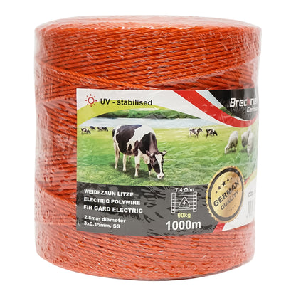 Narancssárga drót orsó fi 2,5mm. 3x0.15mm. SS, ellenállás 7,4 Ohm/m, 1000m elektromos kerítés Breckner Germany